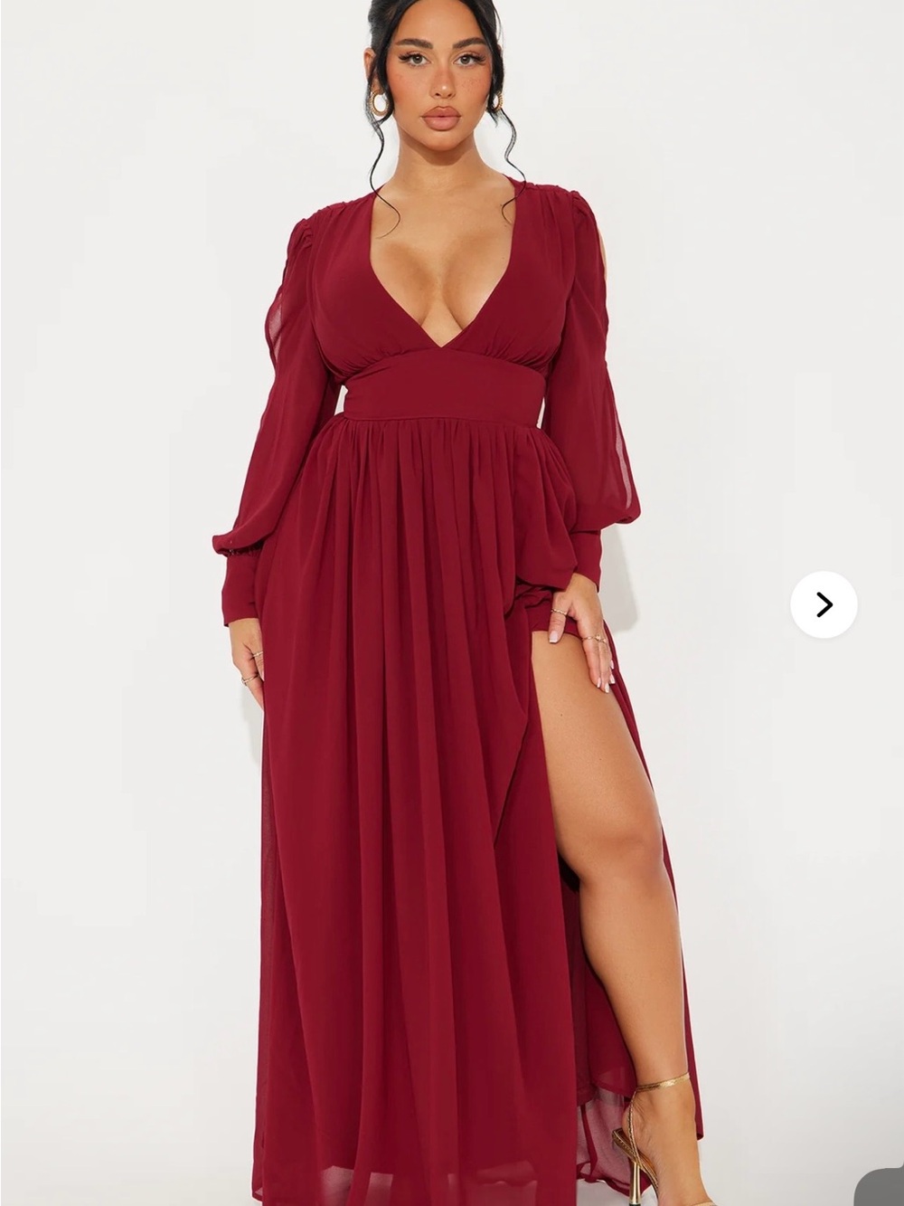 Fashion Nova Burgundy Long Sleeve Maxi Dress with Thigh Slit